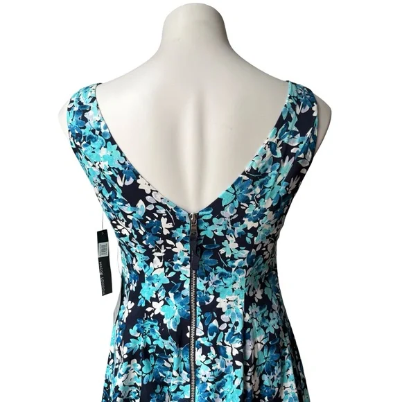NWT, Maggy London Fit and Flare Sleeveless Summer Dress, Navy and Aqua, Sz 8 - Picture 9 of 16